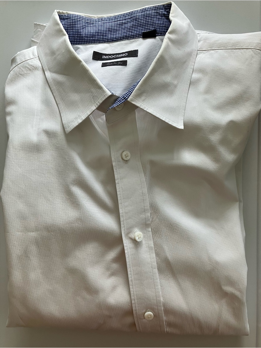 Indochino Men's White Dress Shirt with Navy Gingham Contrast Inner Collar